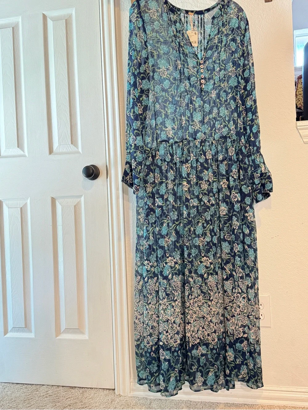 NWT Free People See It Through Maxi Floral Long Sleeve Dress Blue Size M